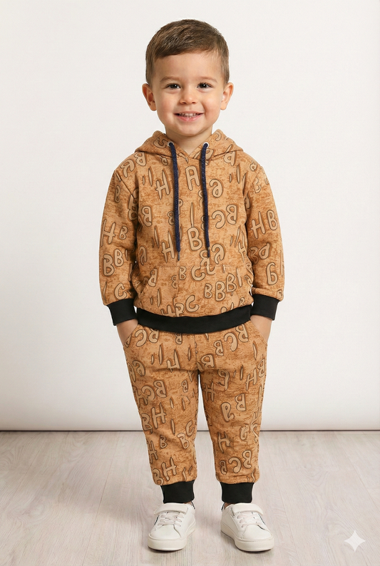 Beige Letter Print | Hoodie Winter Fleece TrackSuit