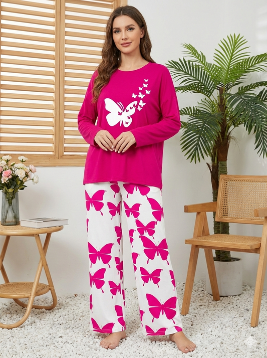 Dark Pink Flying Butterflies Printed Nig1htwear Set with Butterfly Printed Trousers – Women's Lounge Wear (003)