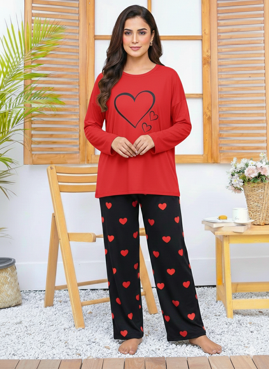 RED MULTII HEART Printed Nightwear Set with Black Mini Heart Printed Trousers – Women's Lounge Wear (006)