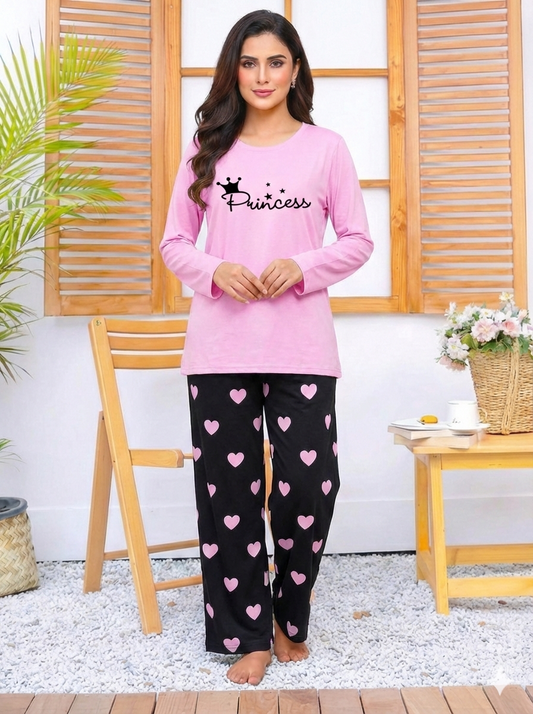 Baby Pink Princess Printed Nightwear Set with Black Mini Heart Printed Trousers – Women's Lounge Wear (006)