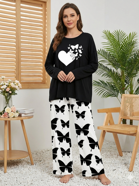 Black Butterfly Heart Printed Nightwear Set with Butterfly Printed Trousers – Women's Lounge Wear (003)