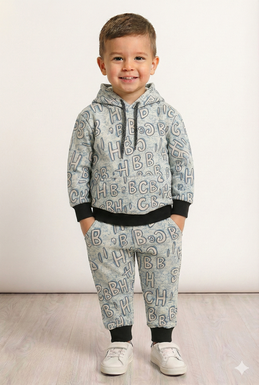 Grey Letter Print | Hoodie Winter Fleece Suit