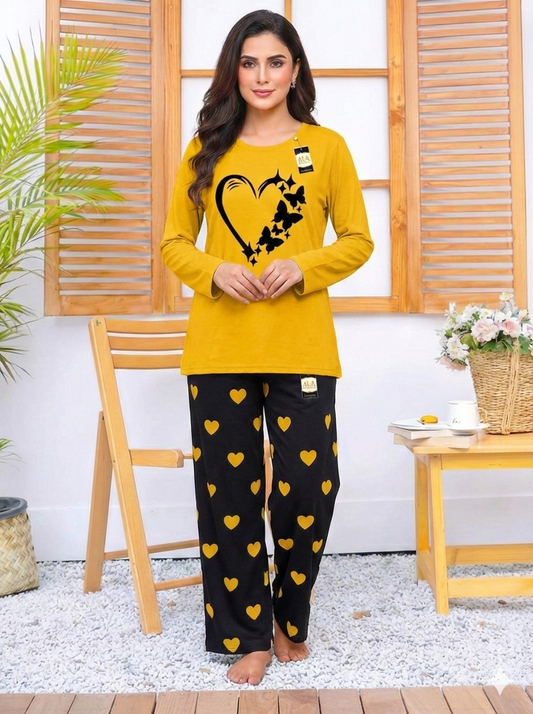 YELLOW WOMEN HEART Printed Nightwear Set with Black Mini Heart Printed Trousers – Women's Lounge Wear (006)