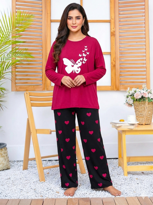 Dark Pink Flying Butterflies Printed Nightwear Set with Mini Heart Printed Trousers – Women's Lounge Wear (006)
