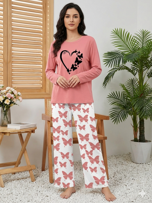 Peach Women Heart Printed Nightwear Set with Butterfly Printed Trousers – Women's Lounge Wear (003)