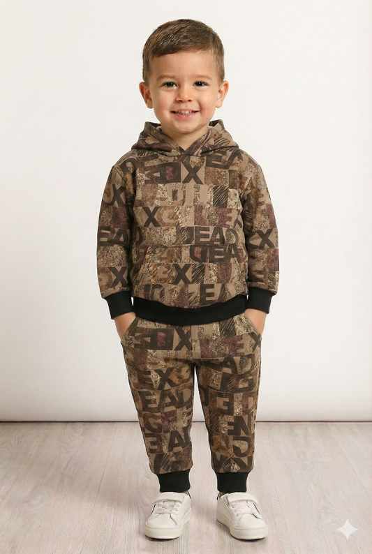Brown Alphabets Print Hoodie Warm Winter Fleece Suit