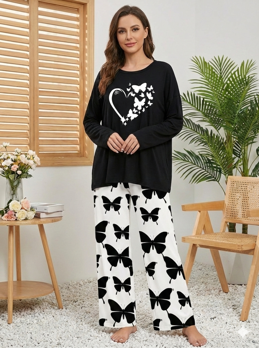 Black Women Heart Printed Nightwear Set with Butterfly Printed Trousers – Women's Lounge Wear (003)