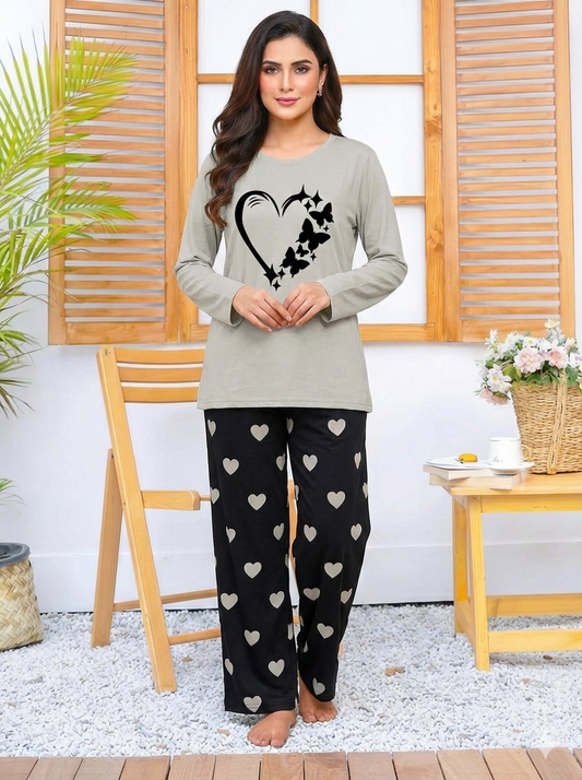 Grey Women Heart Printed Nightwear Set with Black Mini Heart Printed Trousers – Women's Lounge Wear (006)