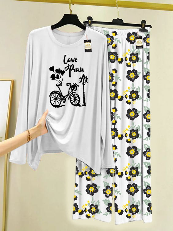 White Love Paris Printed Nightwear Set with Flower Printed Trousers – Women's Lounge Wear (005)