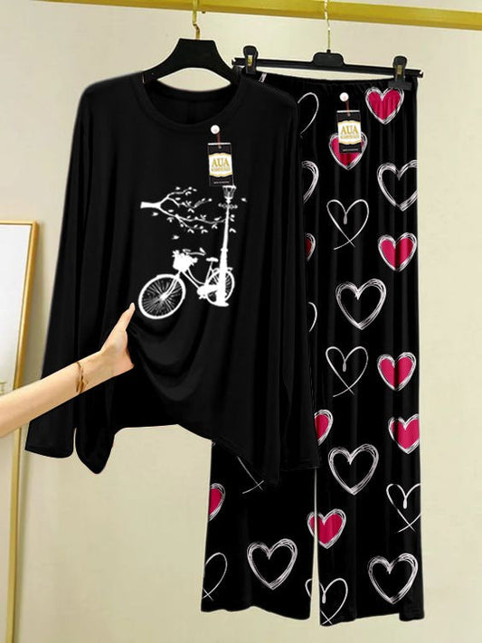 Cycel Printed Black Color Lounge wear Nightwear Sleepwear With Heart Prinred Trouser For Women By Auagarments (004)