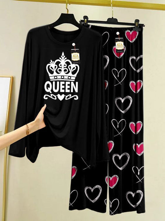 Queen Printed Black Color Heart Printed Trouser Lounge wear Nightwear Sleepwear With Heart Prinred Trouser For Women By Auagarments (004)