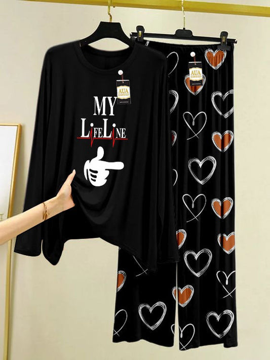 My Life Line Printed Black Color Heart Printed Trouser Lounge wear Nightwear Sleepwear With Heart Prinred Trouser For Women By Auagarments (004)