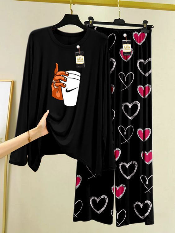 Cup Printed Black Color Heart Printed Trouser Lounge wear Nightwear Sleepwear With Heart Prinred Trouser For Women By Auagarments(004)
