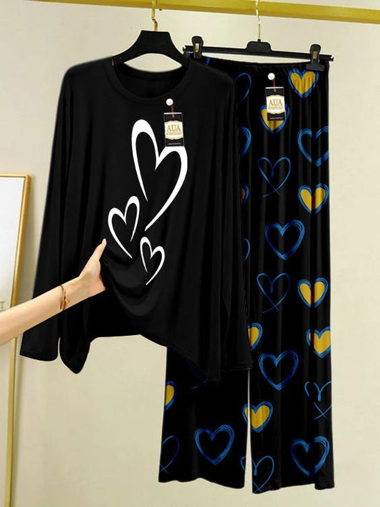 Heart Printed Black Color Heart Printed Trouser Lounge wear Nightwear Sleepwear With Heart Prinred Trouser For Women By Auagarments (004)