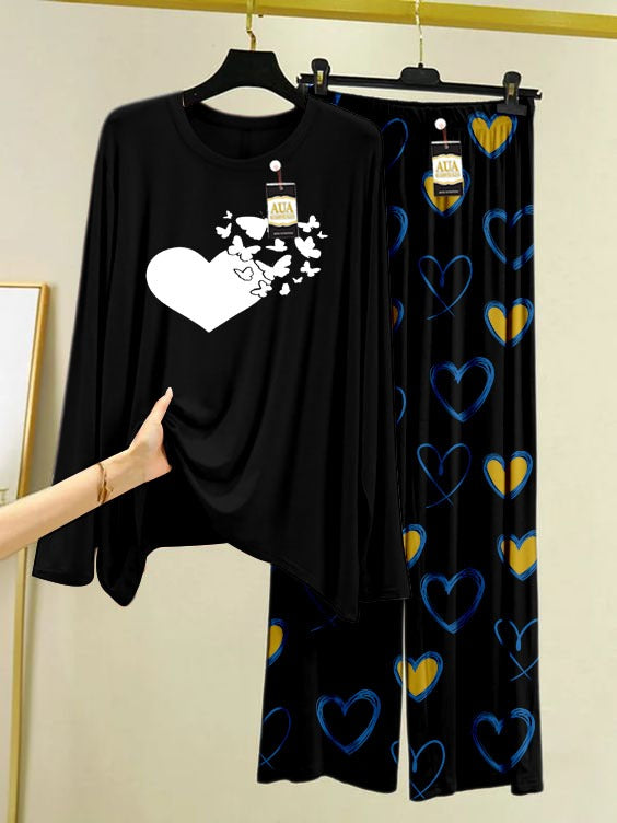 Heart Printed Black Color Heart Printed Trouser Lounge wear Nightwear Sleepwear With Heart Prinred Trouser For Women By Auagarments (004)