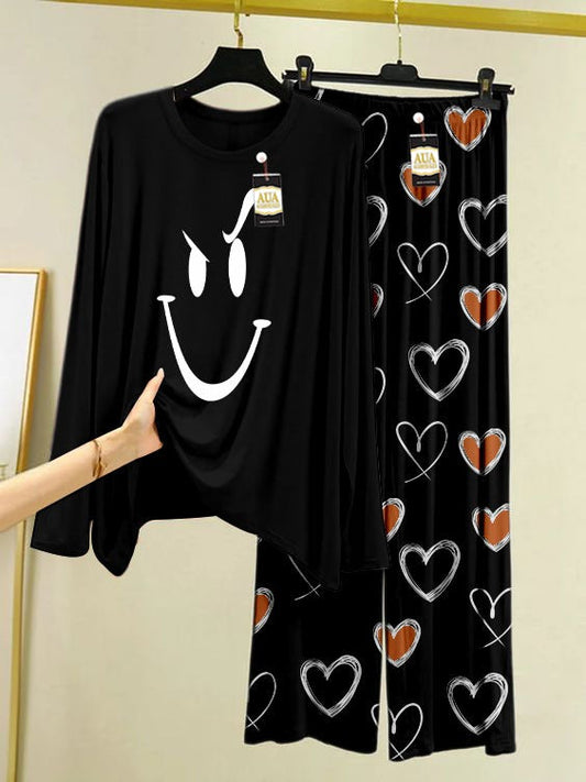 Smile Face Printed Black Color Heart Printed Trouser Lounge wear Nightwear Sleepwear With Heart Prinred Trouser For Women By Auagarments (004)