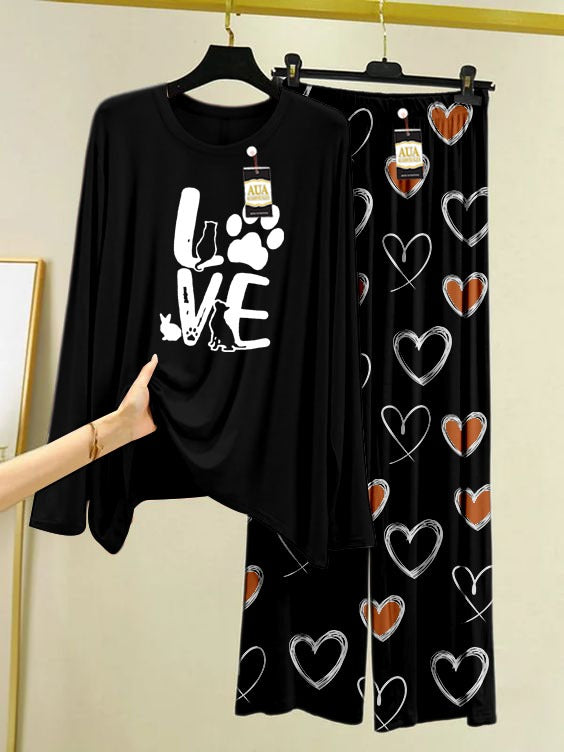 Love Printed Black Color Heart Printed Trouser Lounge wear Nightwear Sleepwear With Heart Prinred Trouser For Women By Auagarments (004)