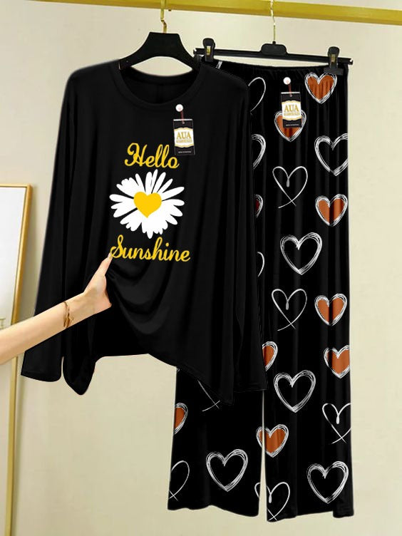 SunShine Printed Black Color  Heart Printed Trouser Lounge wear Nightwear Sleepwear With Heart Prinred Trouser For Women By Auagarments (004)