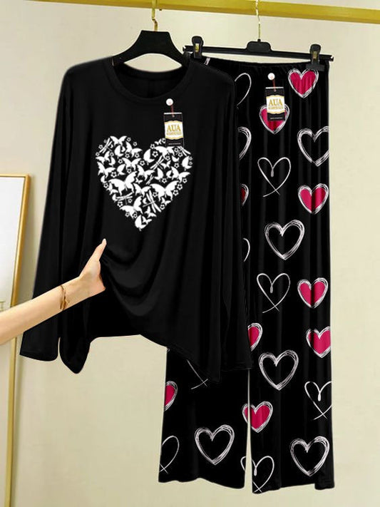 Heart Printed Black Color Heart Printed Trouser Lounge wear Nightwear Sleepwear With Heart Prinred Trouser For Women By Auagarments (004)