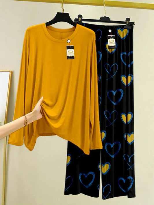 Plain Mustard Heart Printed Pajama Nightwear Sleepwear For Girls And Women (Heart Printed Trouser)(004)