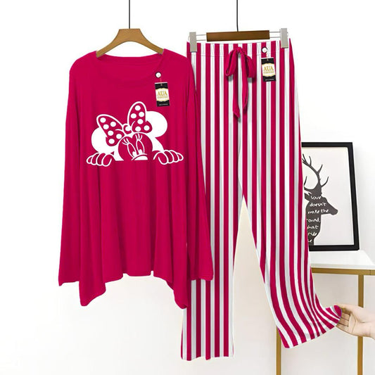 Dark Pink Color Women Mickey Mouse Lining Trouser Printed Night Suit with Luxurious Lining Pajamas - Stylish Sleepwear Set For Women By Aua garments (002)