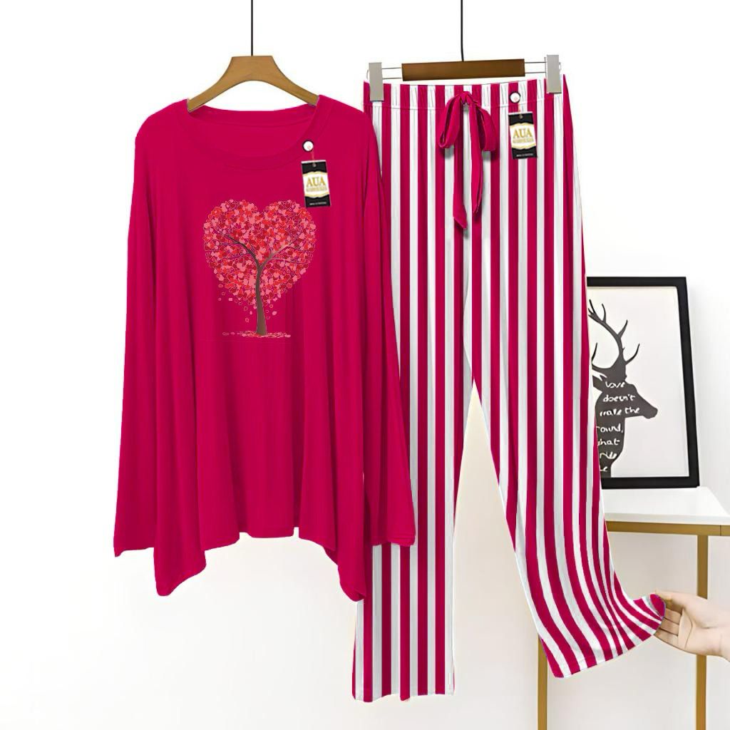 Dark Pink Color Women Tree Printed Night Suit with Luxurious Lining Pajamas - Stylish Sleepwear Set For Women By Aua garments (002)