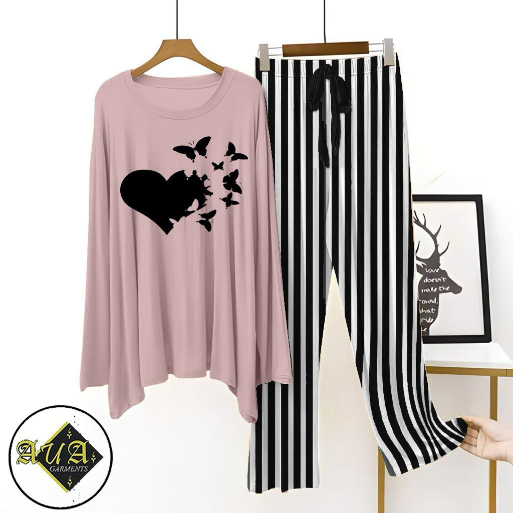 Purple Shirt Black Lining Trouser Printed Night Suit with Luxurious Lining Pajamas Stylish Sleepwear Set for a Cozy Night's Rest (10 Articles)(002)