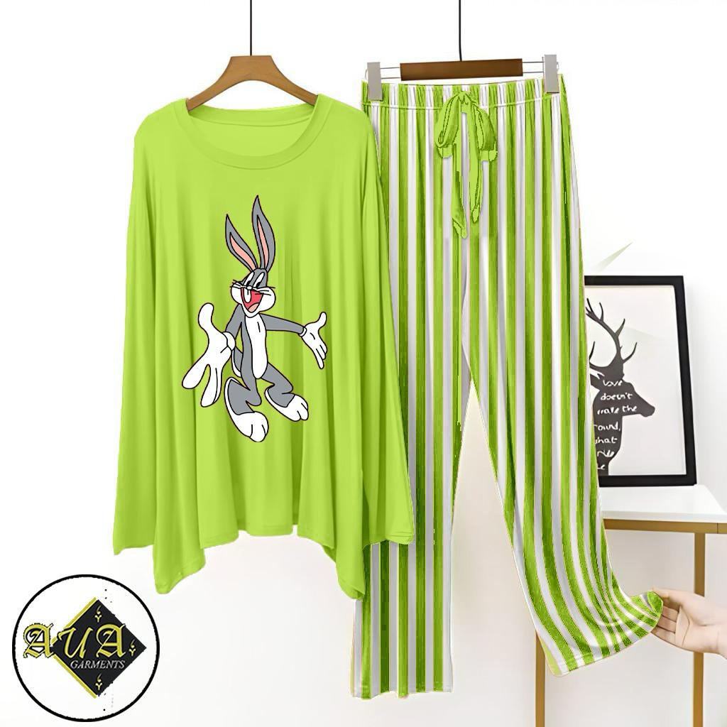 Parrot Green Lining Trouser Printed Night Suit with Luxurious Lining Pajamas Stylish Sleepwear Set for a Cozy Night's Rest (10 Articles) (002)