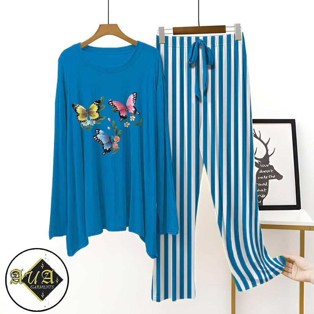 Aqua Blue Lining Trouser Printed Night Suit with Luxurious Lining Pajamas Stylish Sleepwear Set for a Cozy Night's Rest (15 Articles)(002)