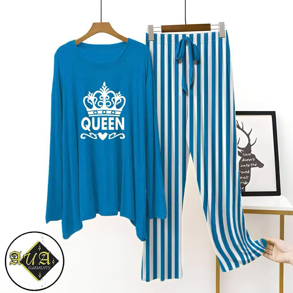 Aqua Blue Lining Trouser Printed Night Suit with Luxurious Lining Pajamas Stylish Sleepwear Set for a Cozy Night's Rest (15 Articles)(002)