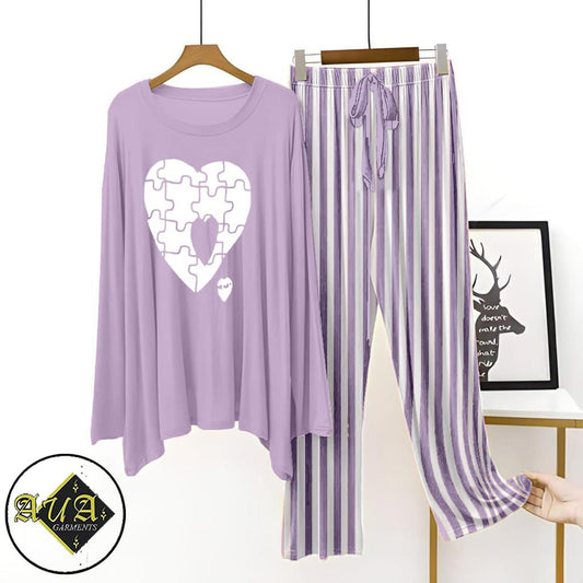 Purple Lining Trouser Printed Night Suit with Luxurious Lining Pajamas Stylish Sleepwear Set for a Cozy Night's Rest (002)