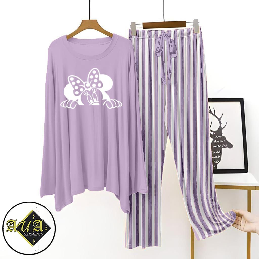 Purple Lining Trouser Printed Night Suit with Luxurious Lining Pajamas Stylish Sleepwear Set for a Cozy Night's Rest (002)