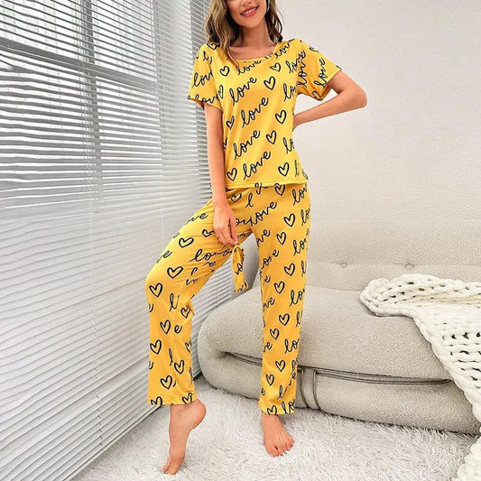 Yellow Love Print Shirt and Trouser Set (Ladies' Pajama Night Dress) (BB01)