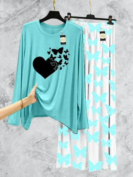 Sky Blue  Flying Butterfly Heart Printed Nightwear Set with Butterfly Printed Trousers – Women's Lounge Wear (003)