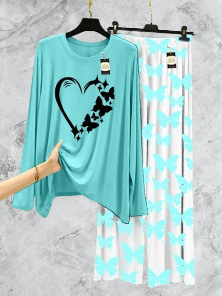Sky Blue Women Heart Printed Nightwear Set with Butterfly Printed Trousers – Women's Lounge Wear (003)
