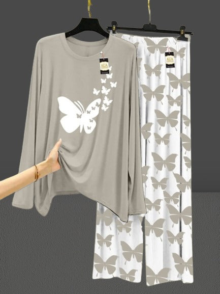 Grey Flying Butterflies White Printed Nightwear Set with Butterfly Printed Trousers – Women's Lounge Wear (003)