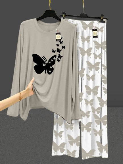 Grey Flying Butterflies Printed Nightwear Set with Butterfly Printed Trousers – Women's Lounge Wear (003)