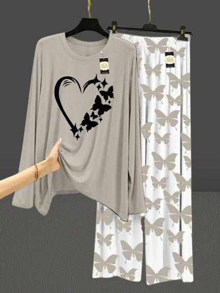 Grey Women Heart Black  Printed Nightwear Set with Butterfly Printed Trousers – Women's Lounge Wear (003)