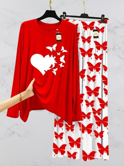 Red Flying Butterflies Heart  Printed Nightwear Set with Butterfly Printed Trousers – Women's Lounge Wear (003)