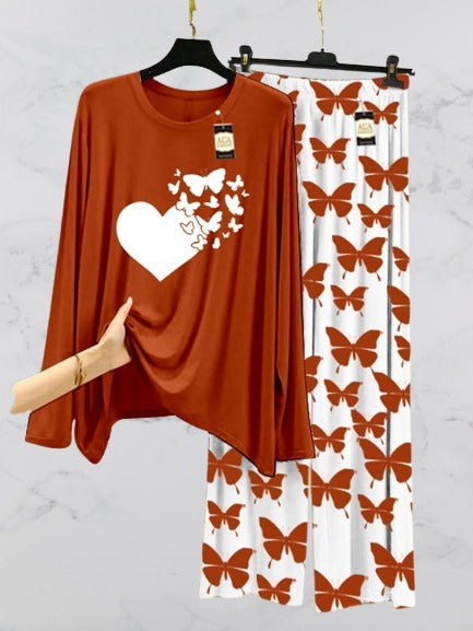 Beige Flying Butterflies Heart Printed Nightwear Set with Butterfly Printed Trousers – Women's Lounge Wear (003)