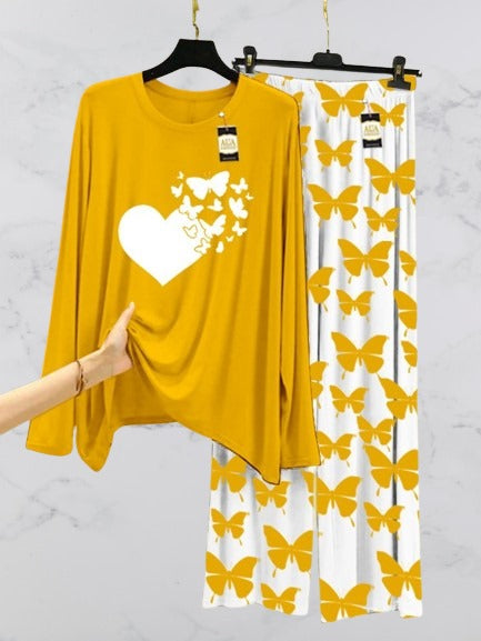 Yellow Flying Butterflies Heart Printed Nightwear Set with Butterfly Printed Trousers – Women's Lounge Wear (002)