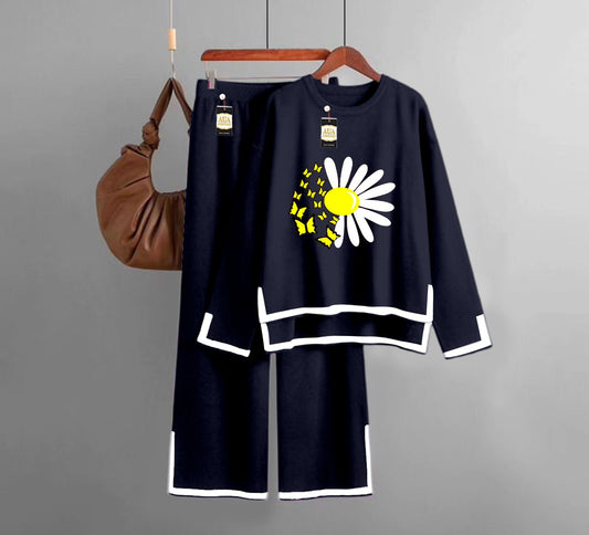 Sun Flower  Printed Turkish Winter Co-Ord Set for Women - Warm & Stylish Loungewear Navy