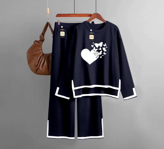 Flying Butterfly Heart Printed Turkish Winter Co-Ord Set for Women - Warm & Stylish Loungewear Navy
