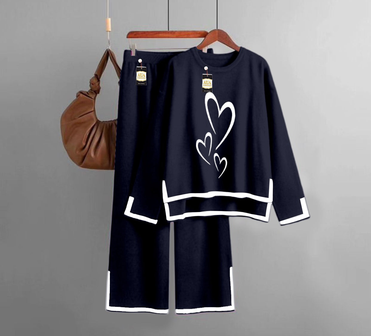 Multi Heart Printed Turkish Winter Co-Ord Set for Women - Warm & Stylish Loungewear Navy