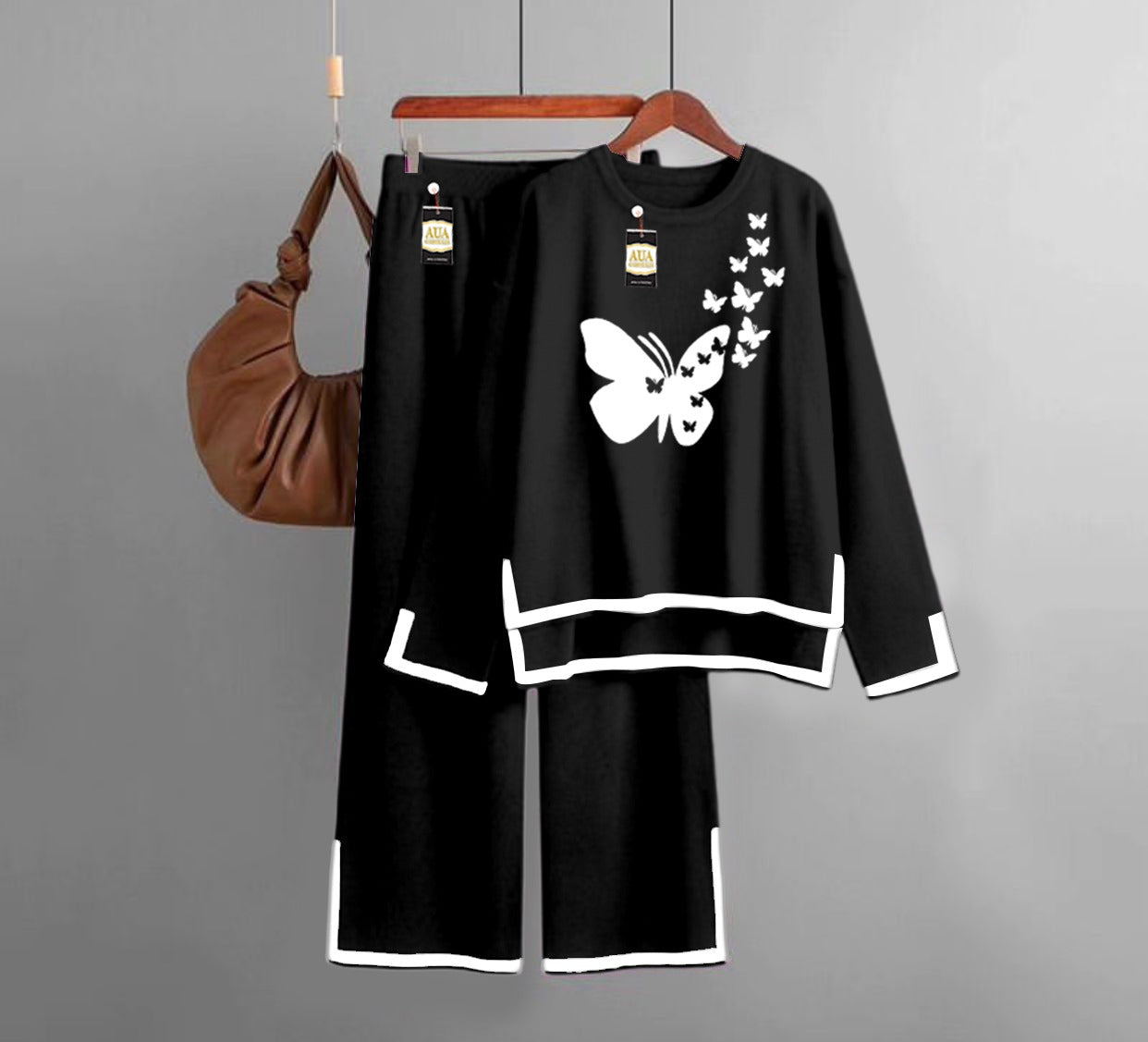 Flying Butterfly Printed Turkish Winter Co-Ord Set for Women - Warm & Stylish Loungewear Black