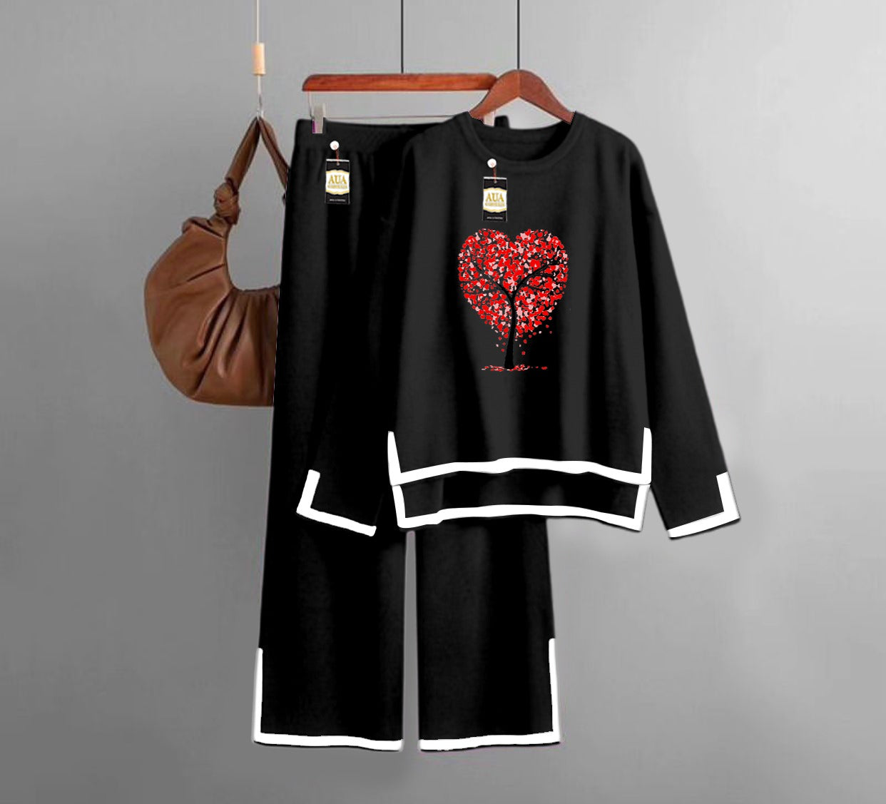 Tree Heart  Printed Turkish Winter Co-Ord Set for Women - Warm & Stylish Loungewear Black