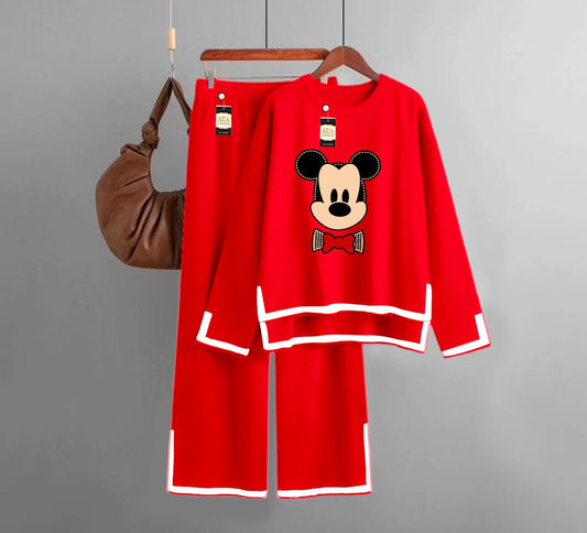 Mickey Mouse Printed Turkish Winter Co-Ord Set for Women - Warm & Stylish Loungewear Red