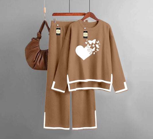 Flying Butterfly Heart Printed Turkish Winter Co-Ord Set for Women - Warm & Stylish Loungewear Beige