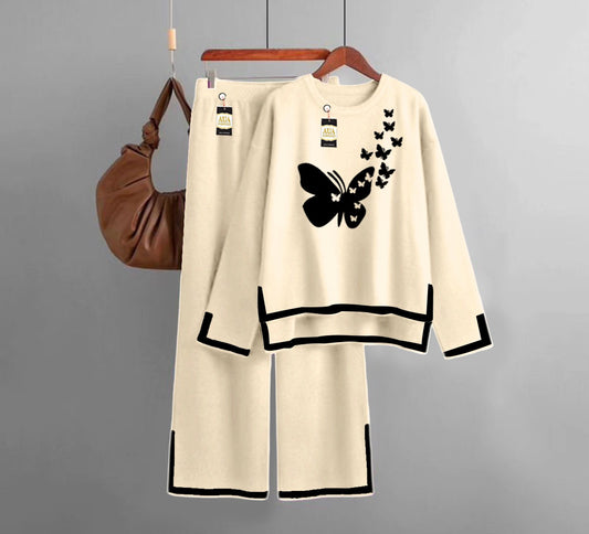 flying Butterfly Printed Turkish Winter Co-Ord Set for Women - Warm & Stylish Loungewear Beige