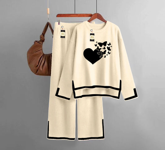 Flying Butterfly Heart  Printed Turkish Winter Co-Ord Set for Women - Warm & Stylish Loungewear Beige